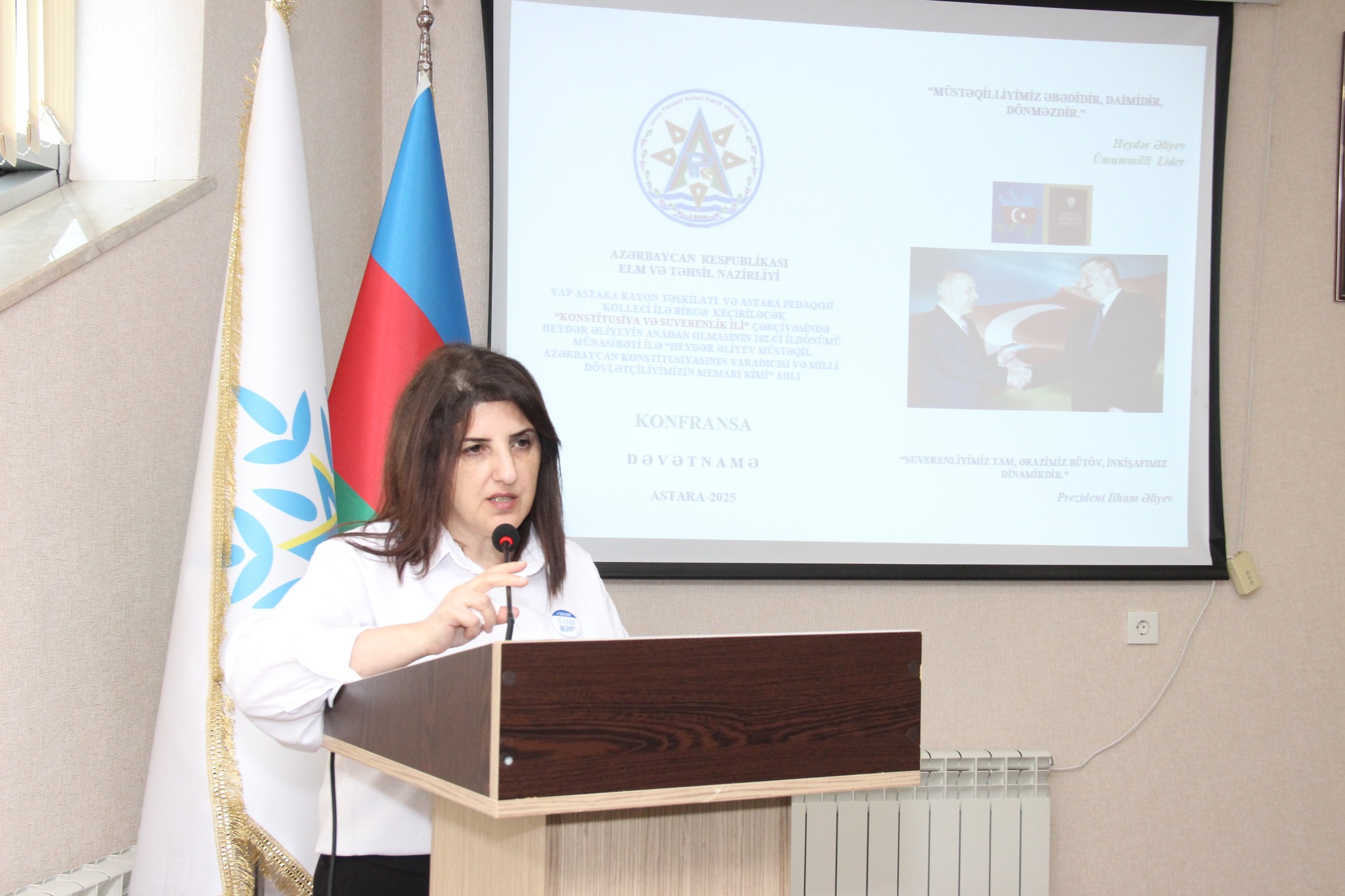Yeni Azərbaycan Partiyası Astara Rayon Təşkilatı  və Astara Pedaqoji Kollecinin birgə təşkilatçılığı ilə “Konstitusiya və Suverenlik İli” çərçivəsində Heydər Əliyevin anadan olmasının 102-ci ildönümü münasibəti İlə “Heydər Əliyev Müstəqil Azərbaycan Konstitusiyasının Yaradıcısı və Milli Dövlətçiliyimizin Memarı kimi” adlı konfrans